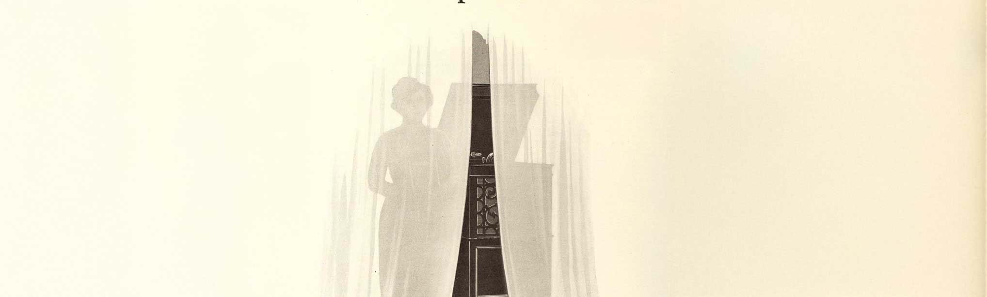 1923 illustration featuring Opera Singer Frieda Hempel with Edison Record Player behind transparent curtain