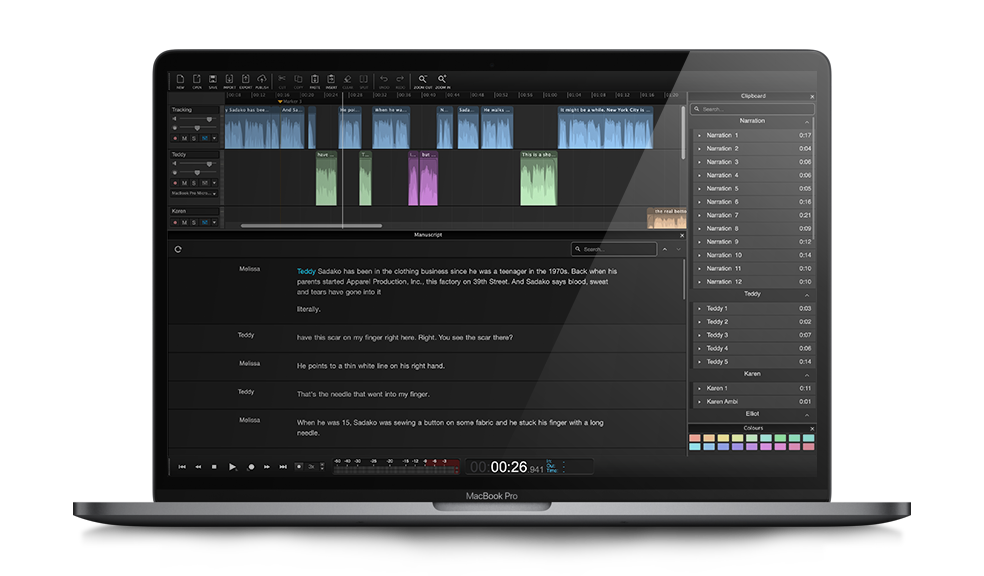 Mac PC showing the Interface of Hindenburg Pro with Tracks, Clips, Clipboard, Collars, Audio Libraries, Transcription