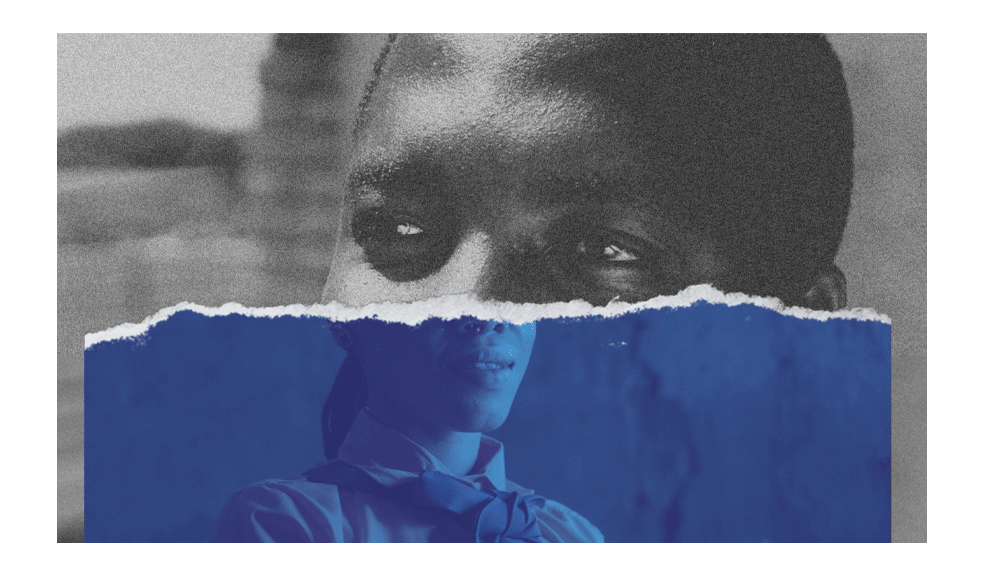 African boy looking to the left. Lower face African girl in duotone smile. Photo Simon Sticker