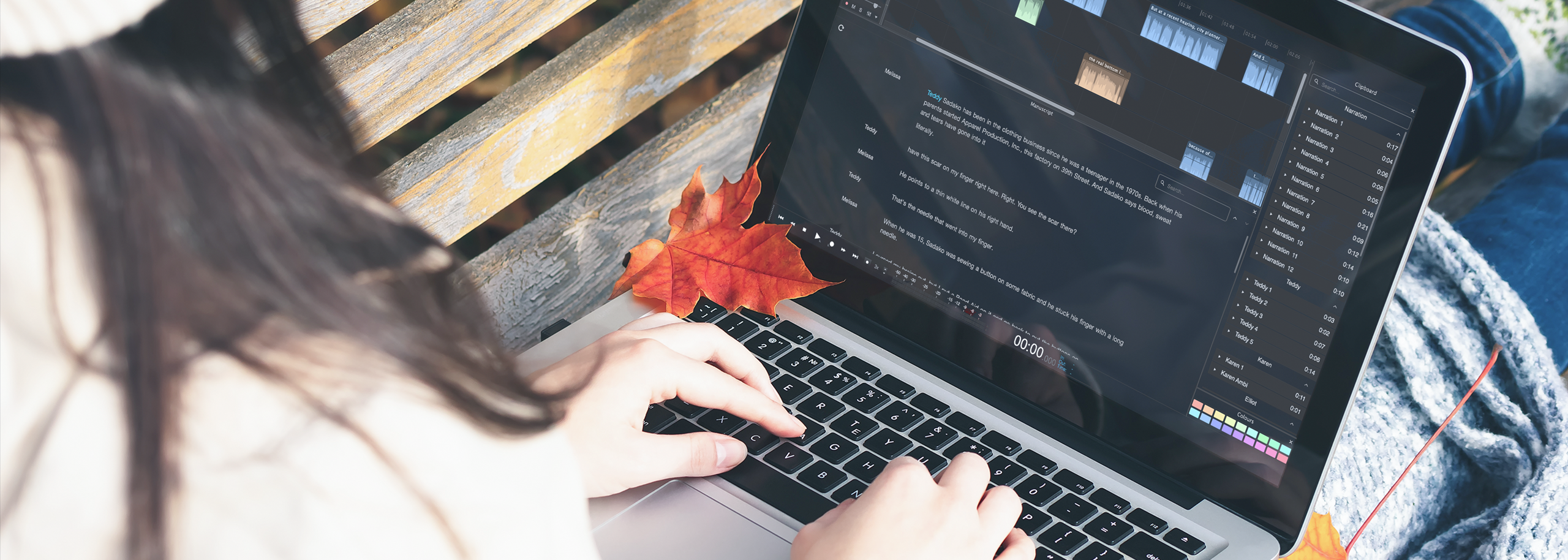 Girl in in Autumn on a Bench Working with Audio Editing in Hindenburg Pro 2 Darkmode