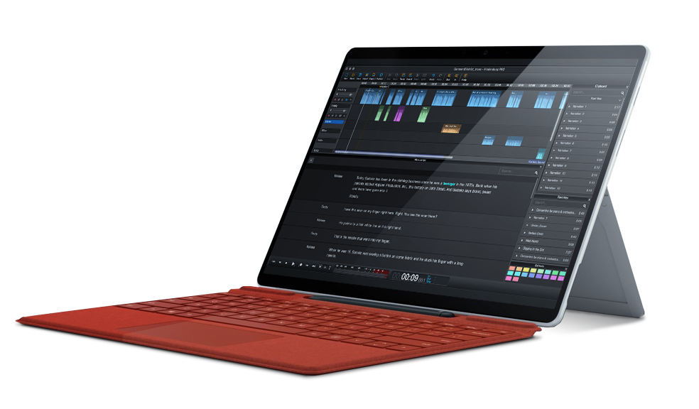 PC with Hindenburg Pro Interface, showing colours, Tracks, Transcription, Libraries, Clipboard