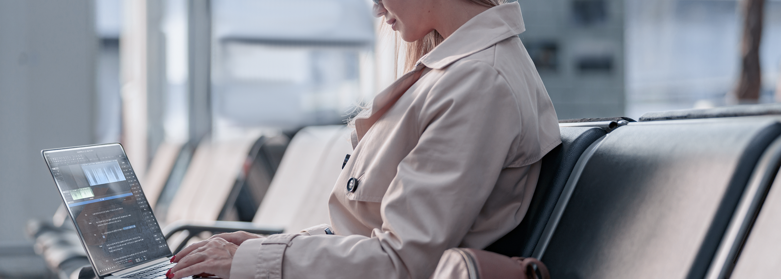 Young Business Woman with Laptop in Airport Editing Audio in Hindenburg Pro 2